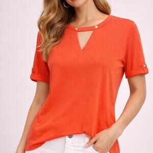 Michael Kors Coral Top Gold Detail Keyhole Neck Short Sleeve Blouse Size Large